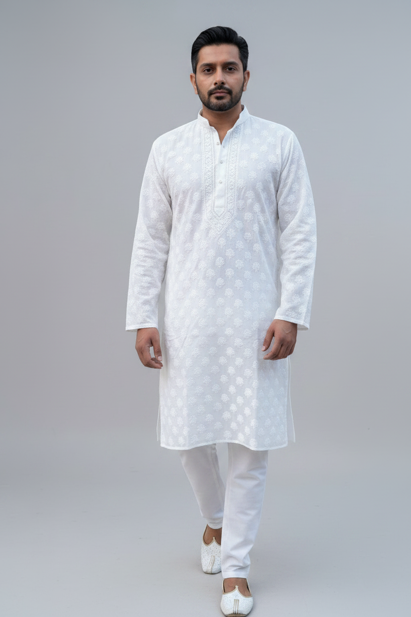 White Chikankari Men's Kurta | Pure Cotton Hand-Embroidered Lucknowi Kurta