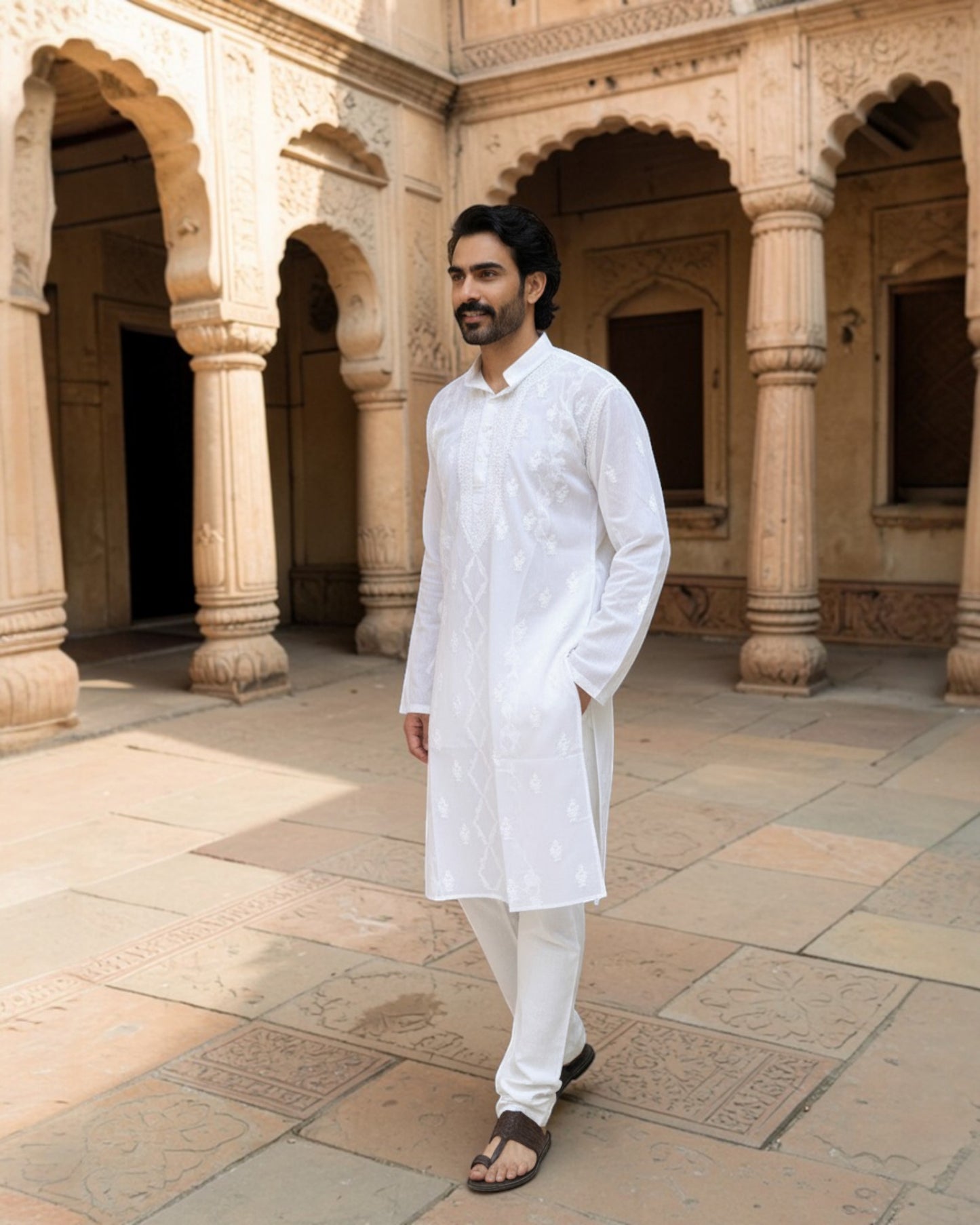 MEN’S DARAJ HANDCRAFTED CHIKANKARI KURTA – WHITE