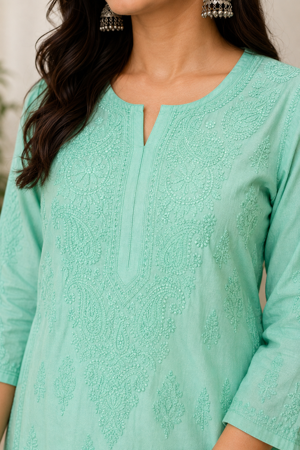 MUSLIN CHIKANKARI KURTI WITH SHADOW WORK - SEA GREEN