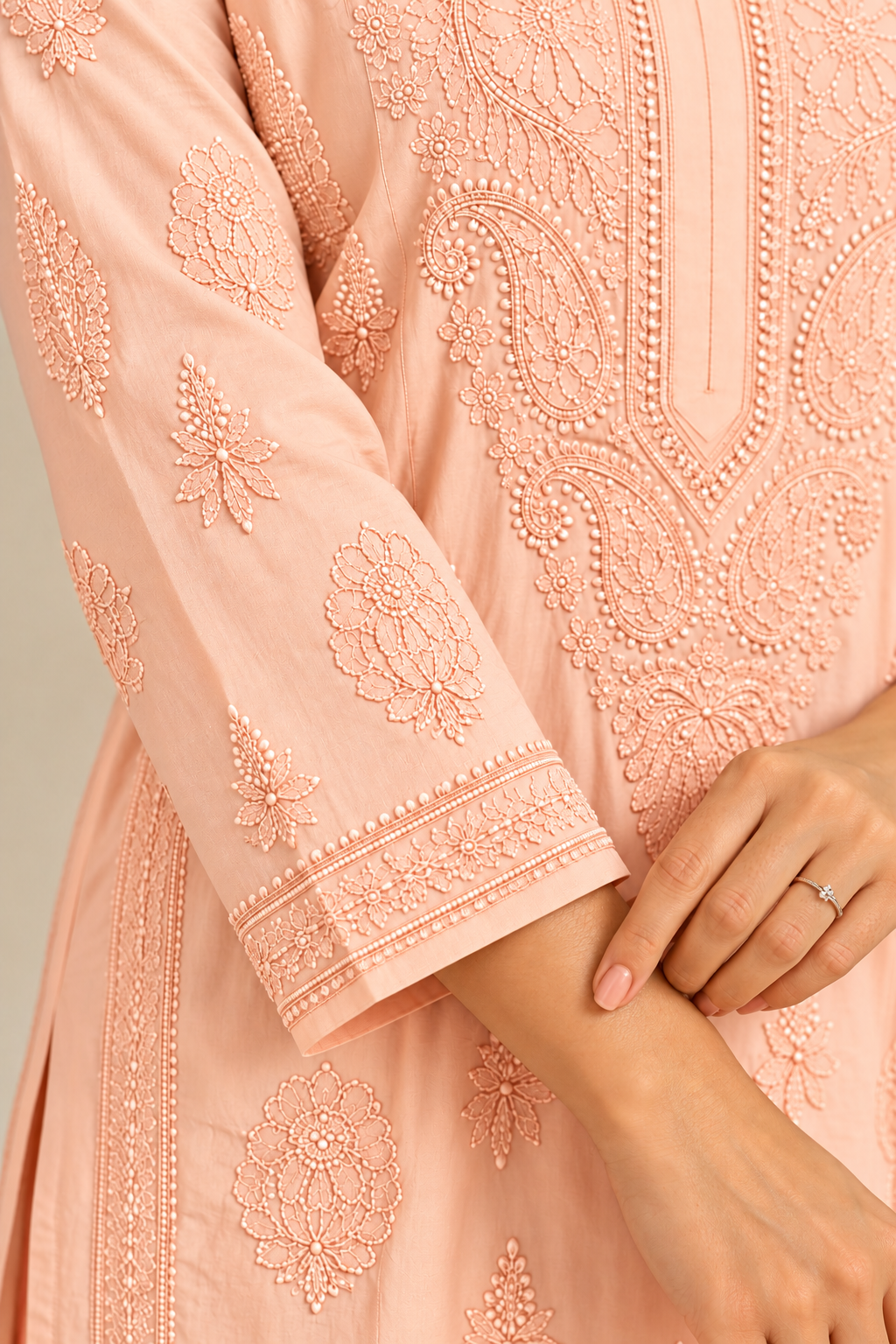 MUSLIN CHIKANKARI KURTI WITH SHADOW WORK  PALE PEACH