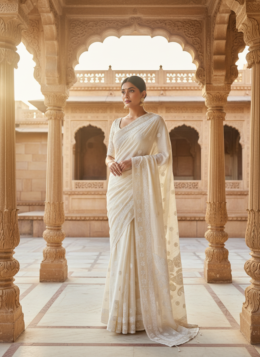 HANDCRAFTED CHANDERI COTTON CHIKANKARI SAREE-GOLDEN