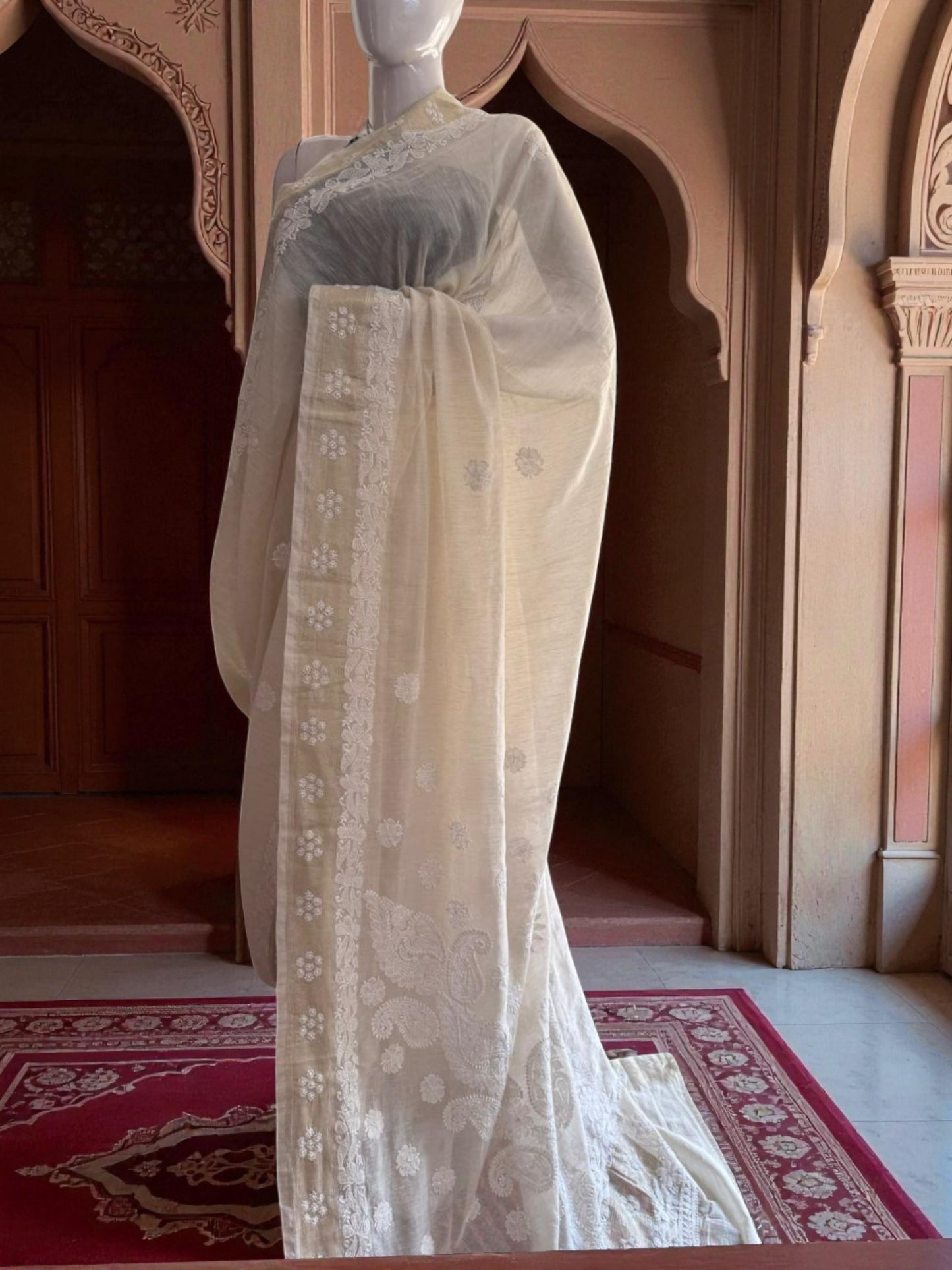 HANDCRAFTED CHANDERI COTTON CHIKANKARI SAREE-GOLDEN