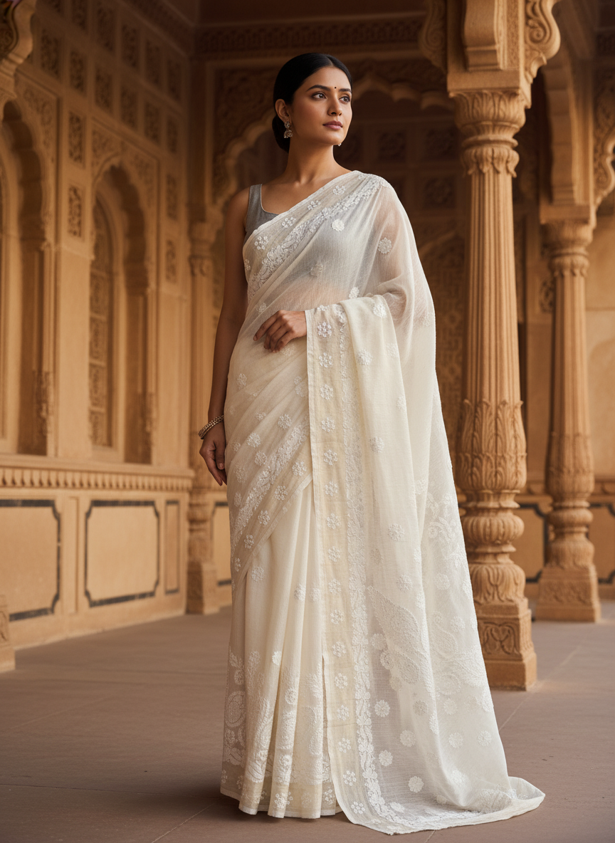 HANDCRAFTED CHANDERI COTTON CHIKANKARI SAREE-GOLDEN