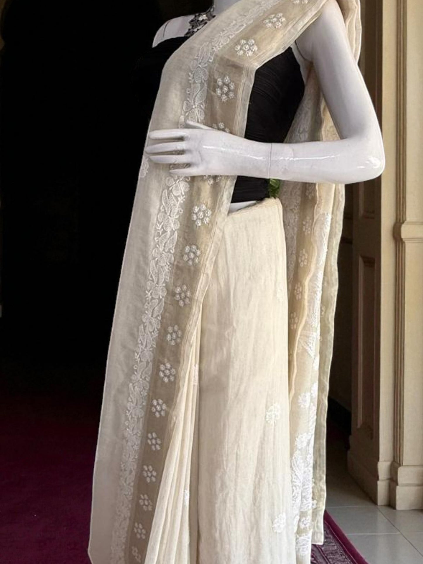 HANDCRAFTED CHANDERI COTTON CHIKANKARI SAREE-GOLDEN