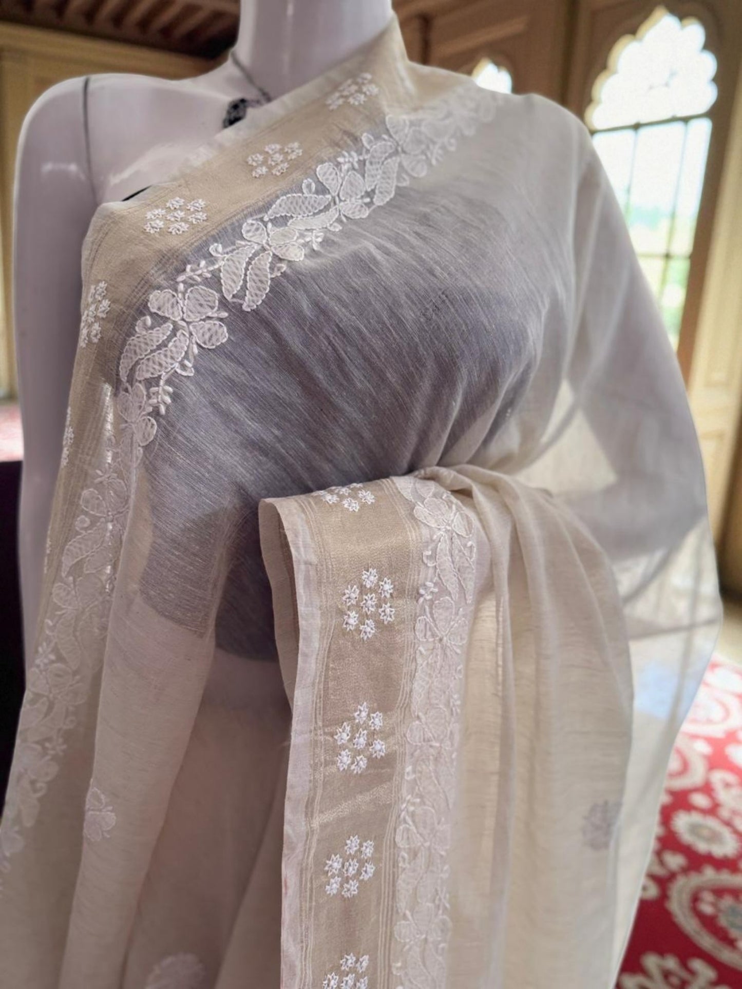 HANDCRAFTED CHANDERI COTTON CHIKANKARI SAREE-GOLDEN