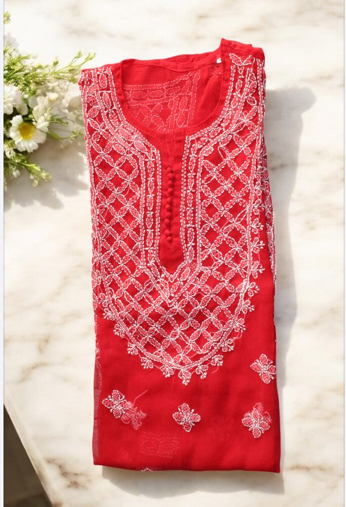 RED GEORGETTE CHIKANKARI STRAIGHT  KURTI