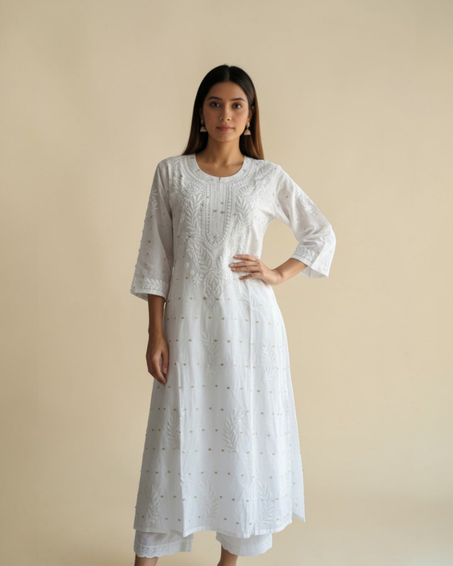 WHITE COLOR  MUSLIN CHIKANKARI KURTI