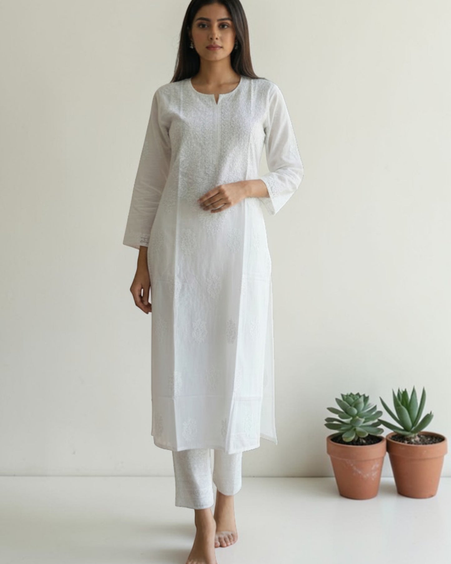 WHITE PREMIUM CHANDERI  COTTON KUTI SHADOW WORK
