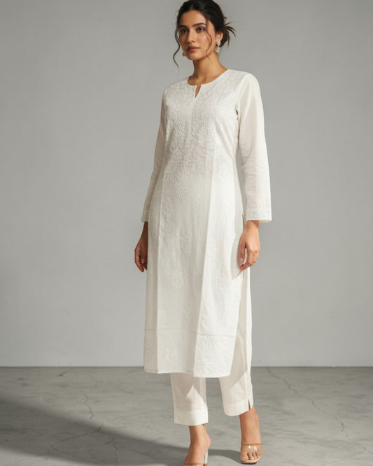 WHITE PREMIUM CHANDERI  COTTON KUTI SHADOW WORK