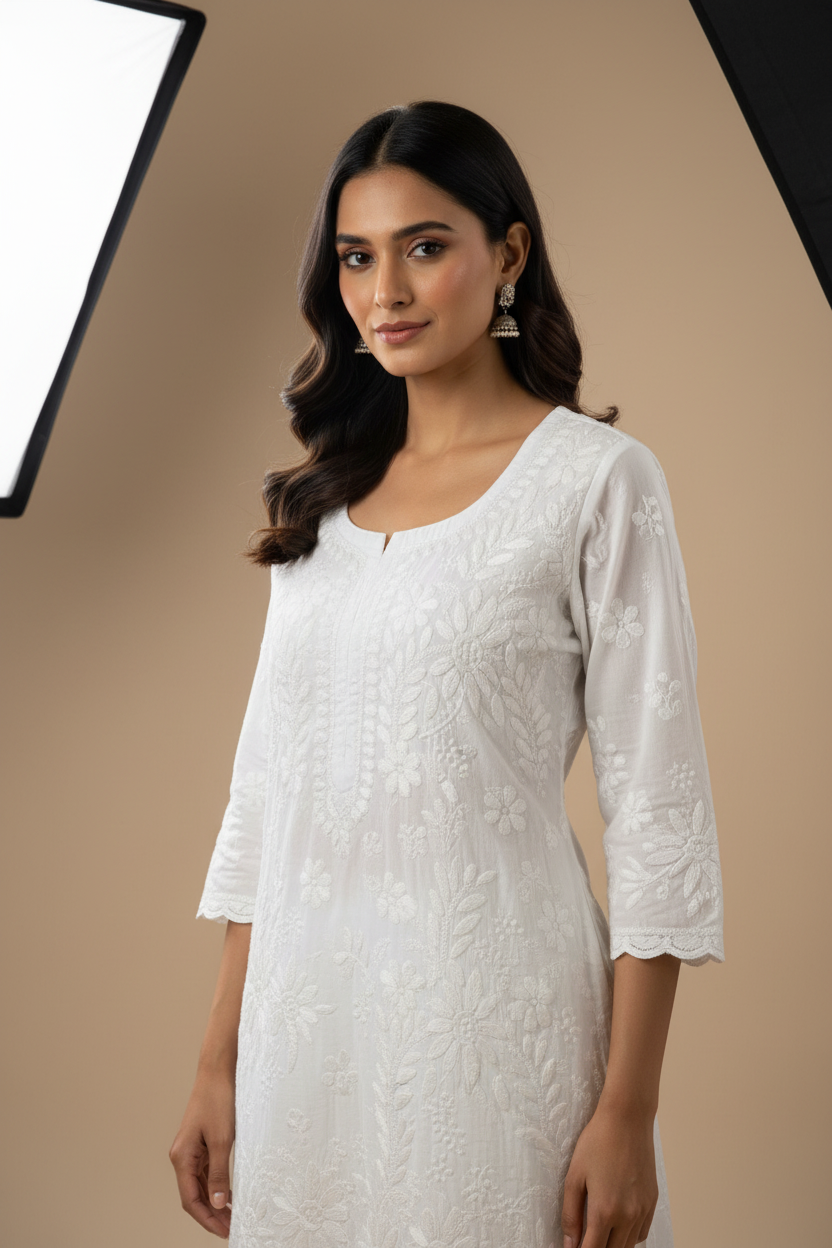 PURE ELEGANCE MUL COTTON WHITE CHIKANKARI KURTA SET