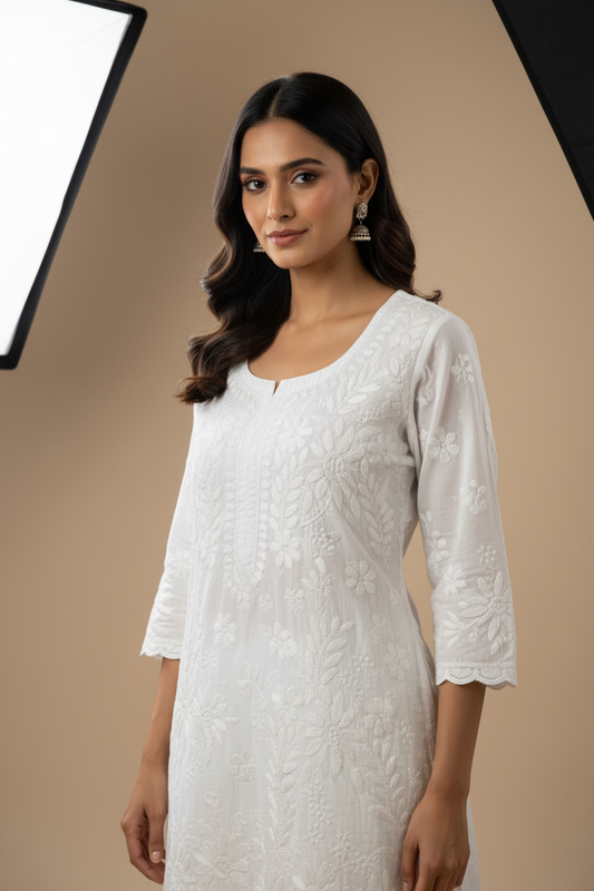 PURE ELEGANCE MUL COTTON WHITE CHIKANKARI KURTA SET