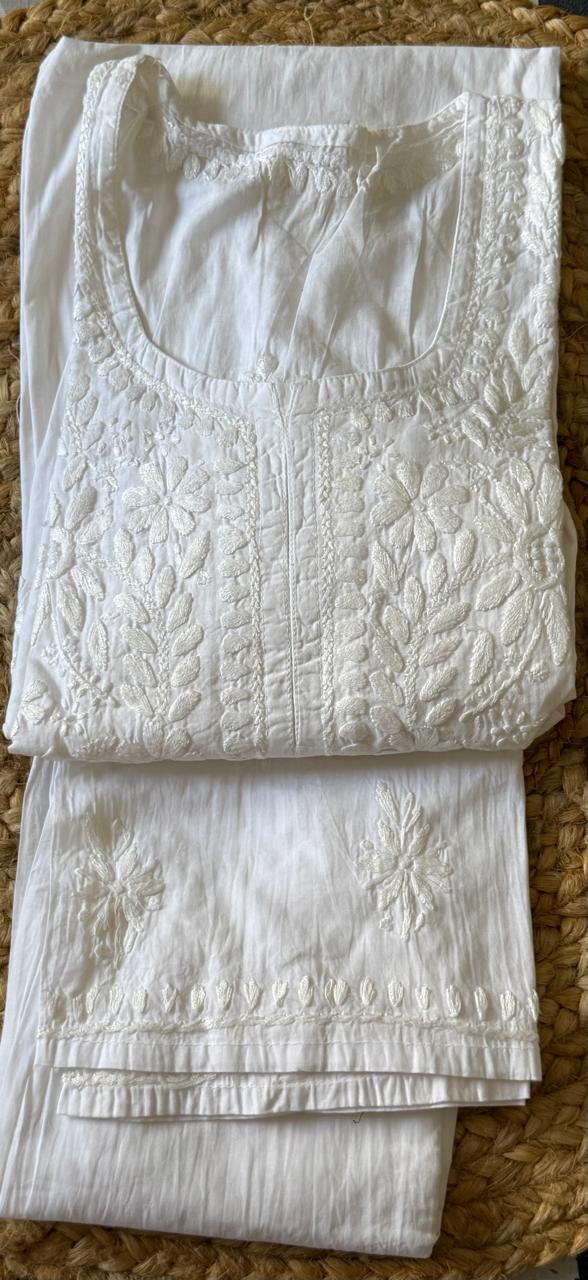 PURE ELEGANCE MUL COTTON WHITE CHIKANKARI KURTA SET