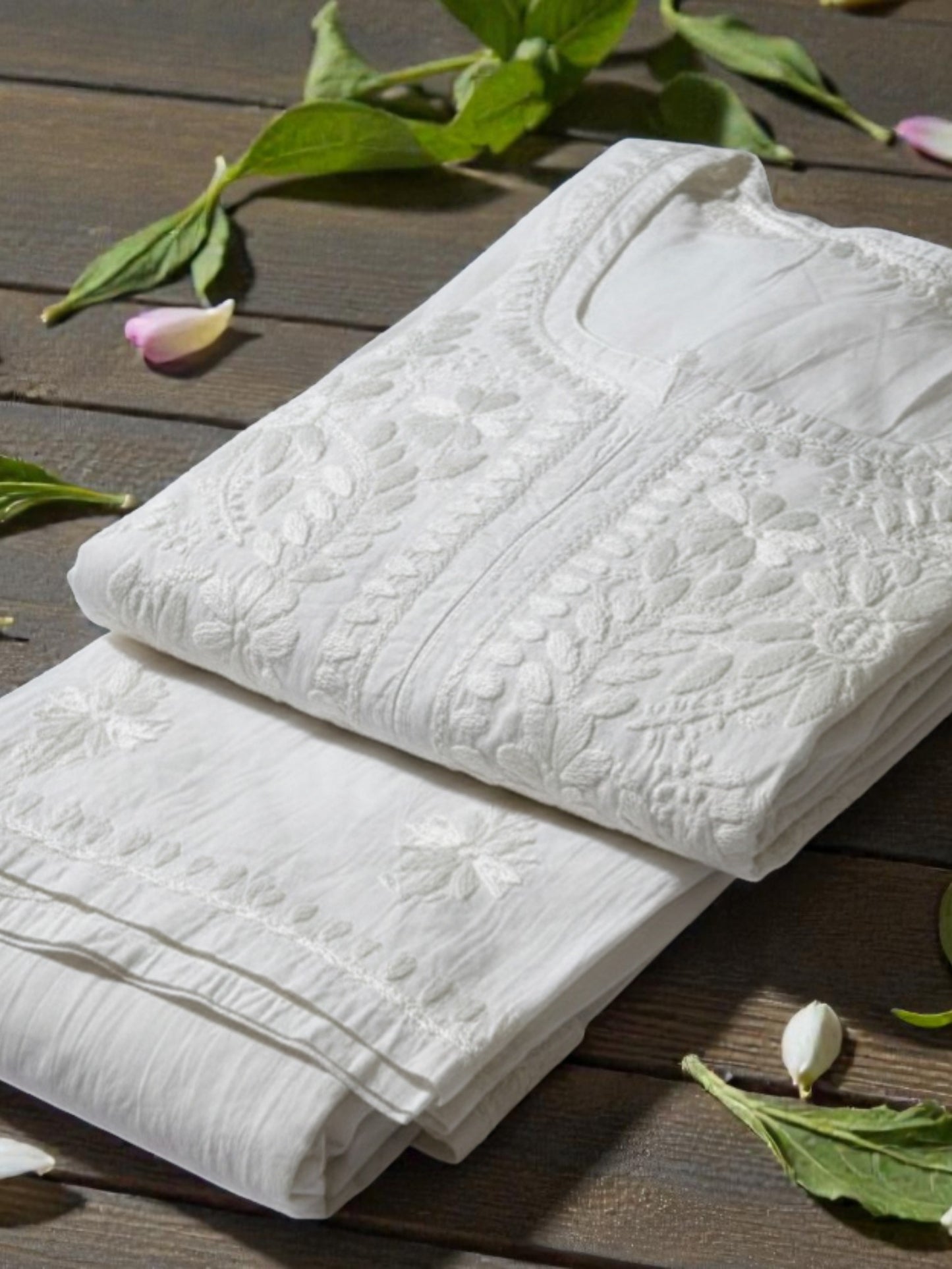 PURE ELEGANCE MUL COTTON WHITE CHIKANKARI KURTA SET
