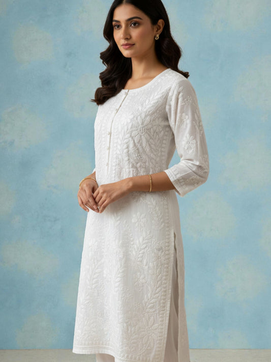 PURE ELEGANCE MUL COTTON WHITE CHIKANKARI KURTA SET