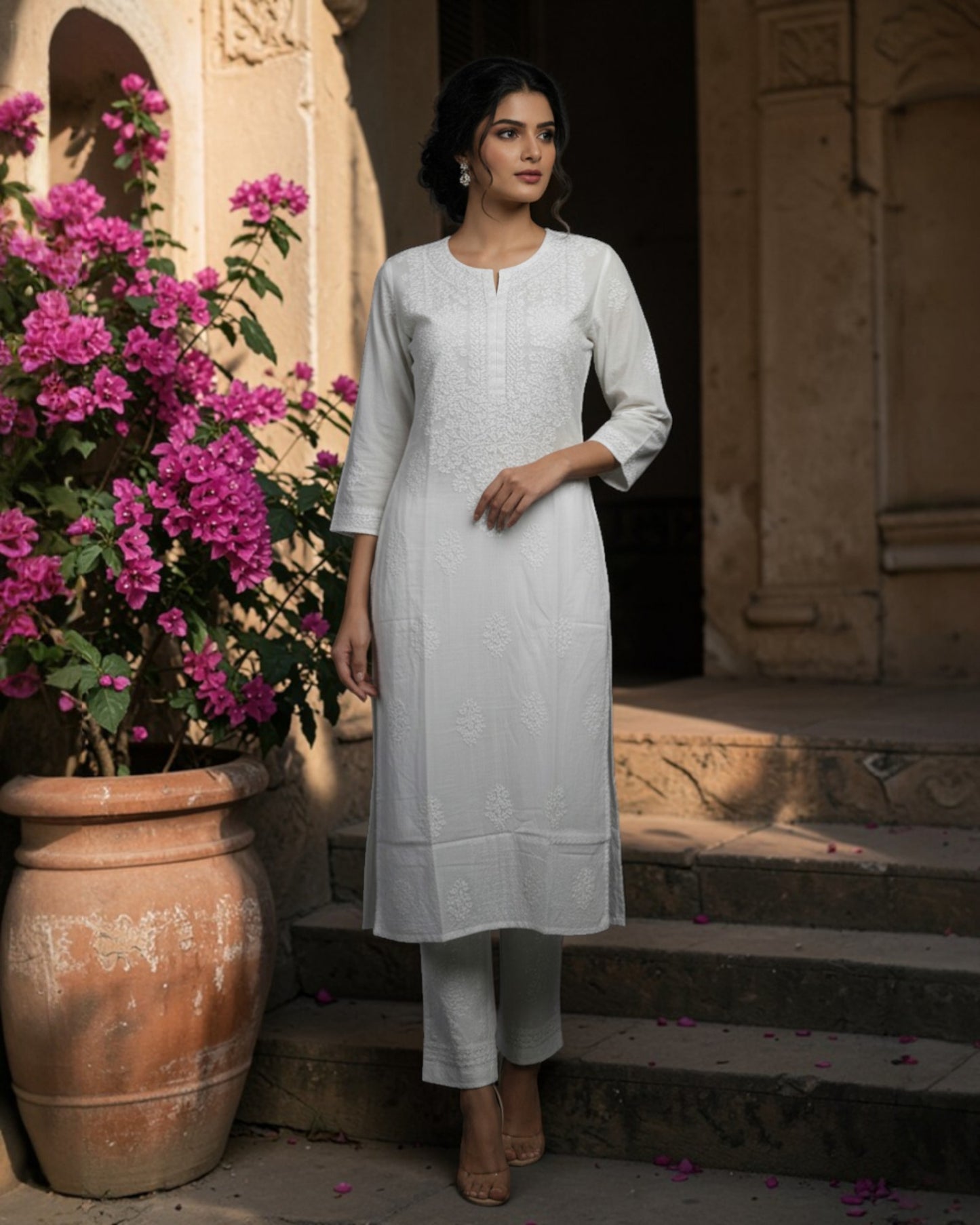 WHITE PREMIUM CHANDERI  COTTON KUTI SHADOW WORK