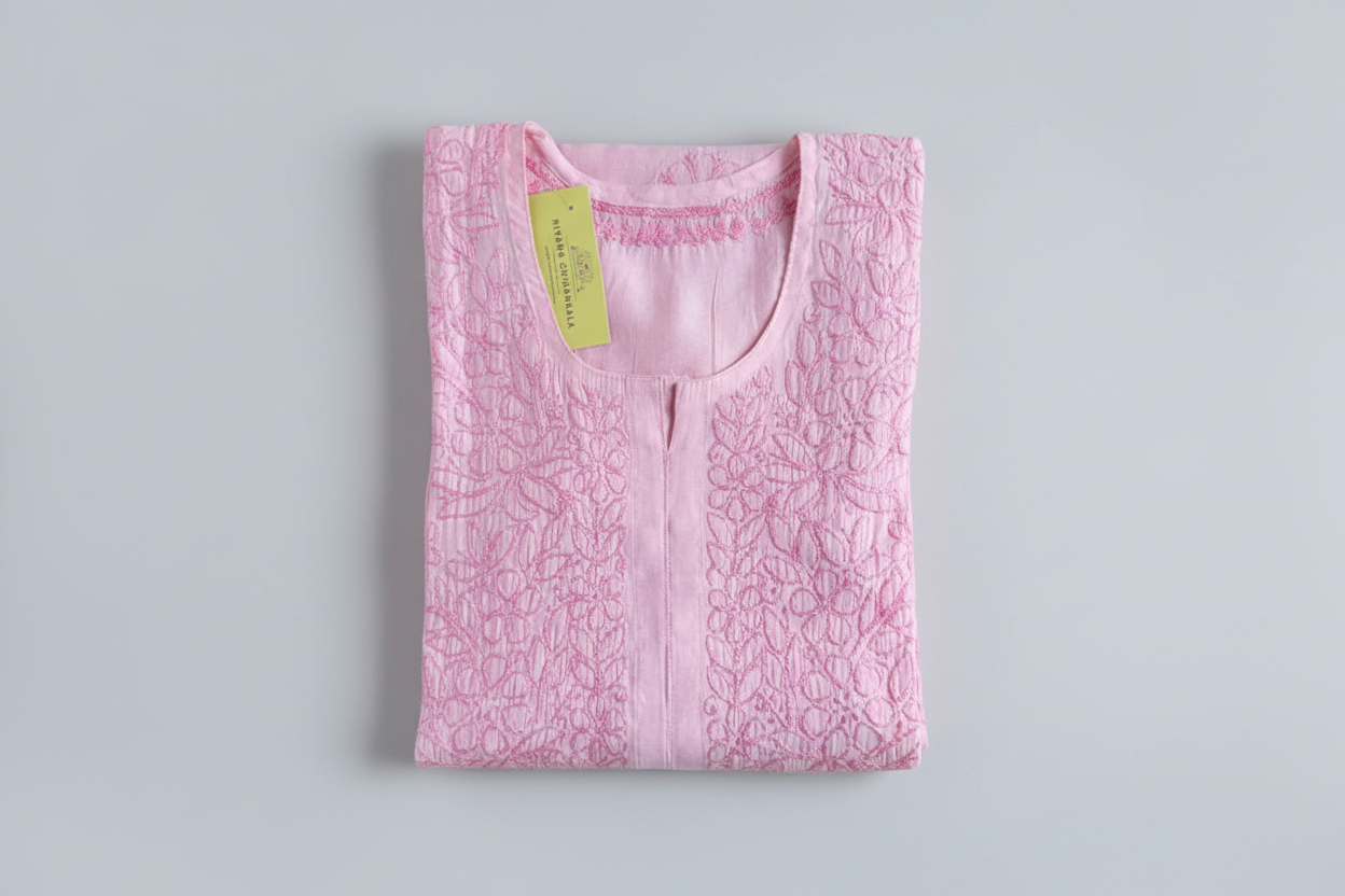 PASTEL CHANDERI COTTON SHADOW WORK CHIKANKARI KURTI (PLUS SIZE)