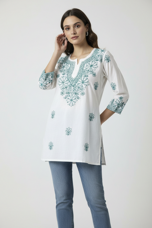 NOOR SHORT CHIKANKARI KURTI TURQUOISE ON WHITE S-40