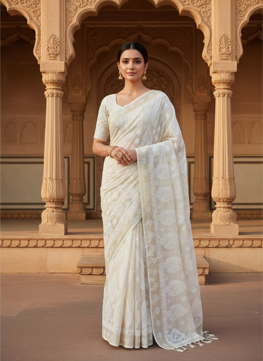 HANDCRAFTED CHANDERI COTTON CHIKANKARI SAREE-GOLDEN