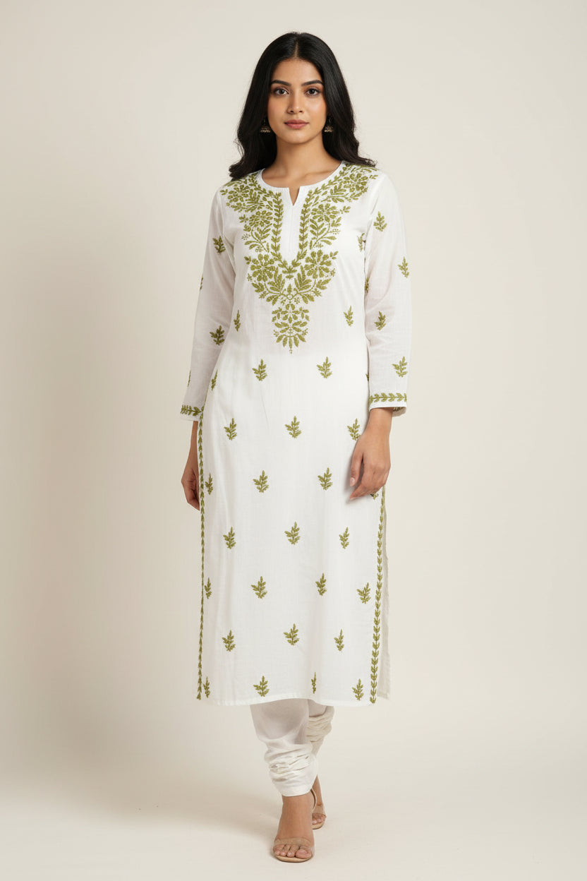 RAYON HAND-EMBROIDERED LUCKNOWI GHASPATTI CHIKANKARI KURTA