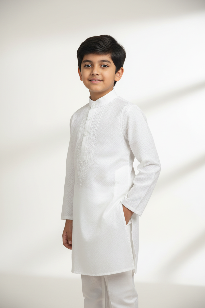 KIDS BOYS WHITE CHIKANKARI KURTA SET