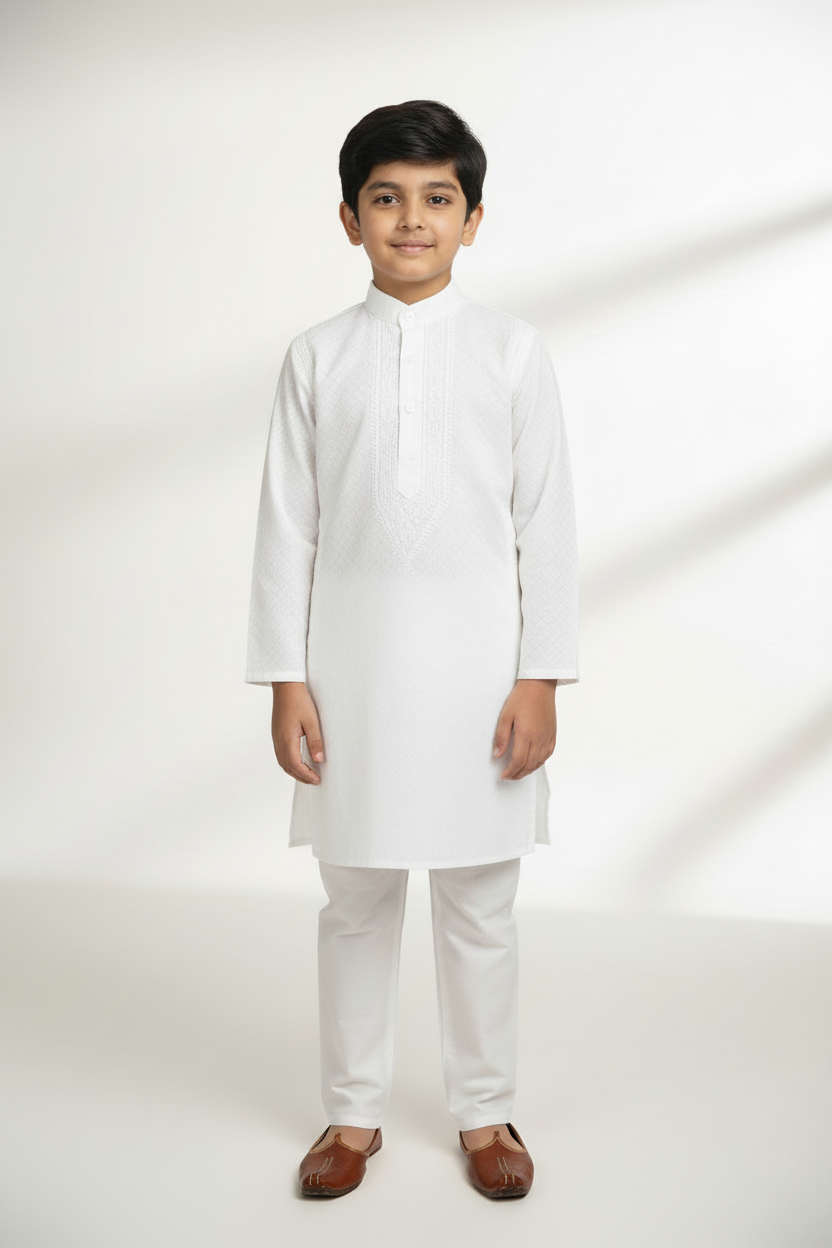KIDS BOYS WHITE CHIKANKARI KURTA SET