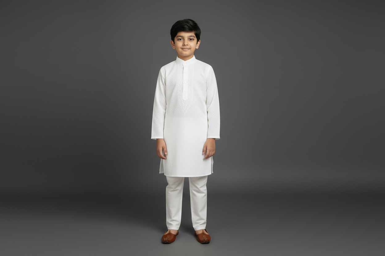 KIDS BOYS WHITE CHIKANKARI KURTA SET