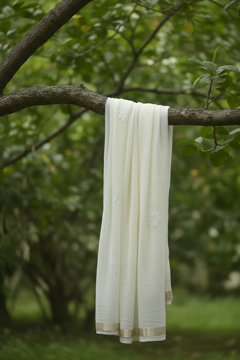 LUCKNOWI OFF WHITE CHANDERI COTTON DUPATTA WITH ZARI BORDER