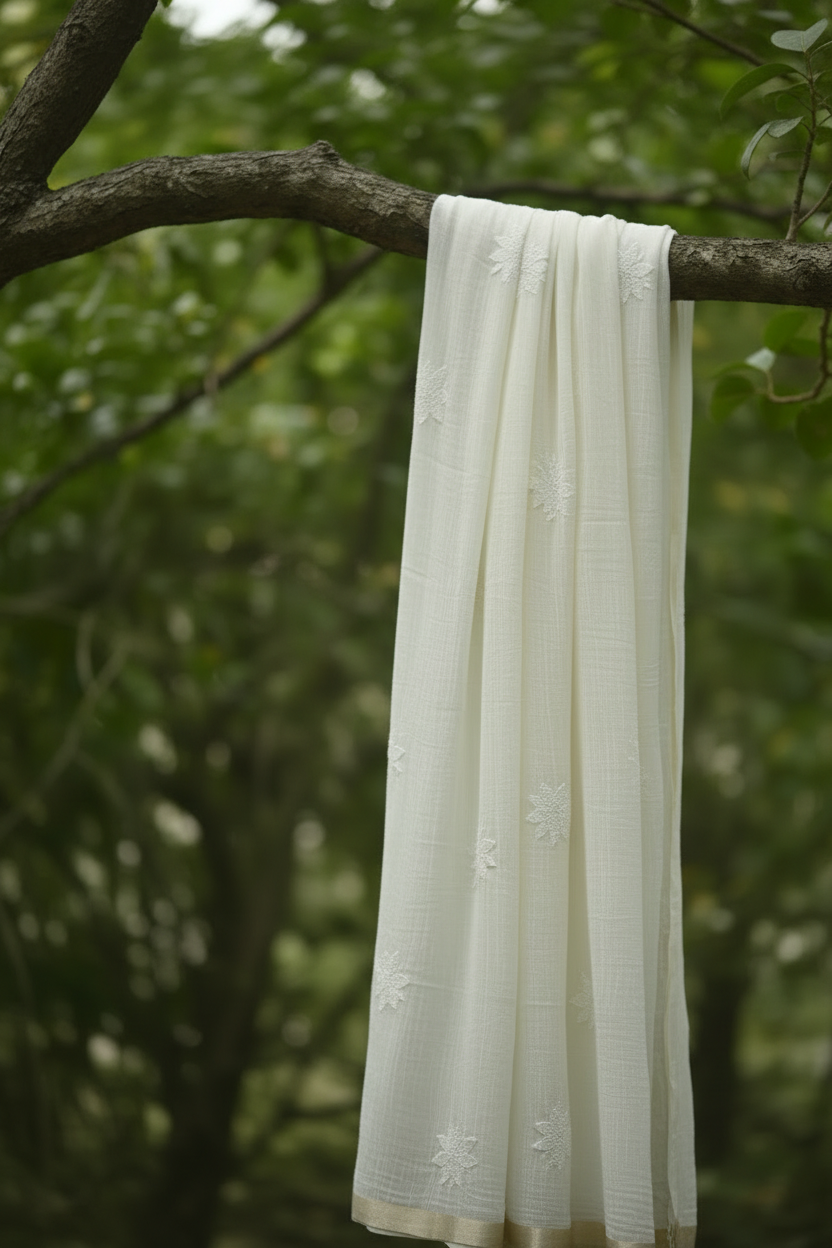 LUCKNOWI OFF WHITE CHANDERI COTTON DUPATTA WITH ZARI BORDER