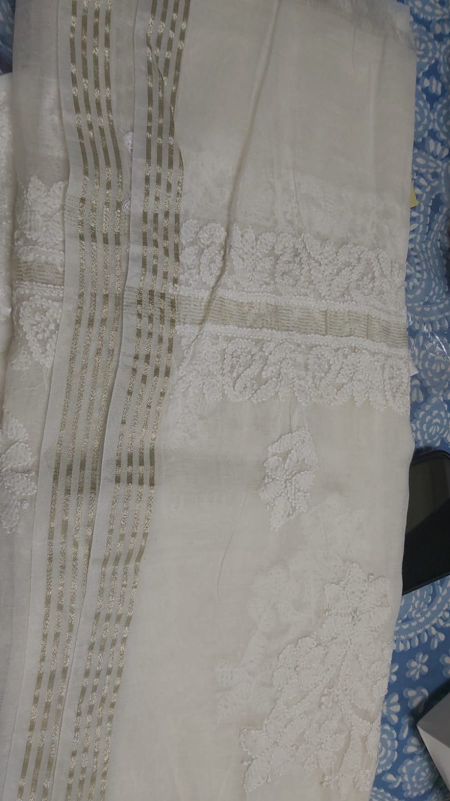 LUCKNOWI OFF WHITE CHANDERI COTTON DUPATTA WITH ZARI BORDER