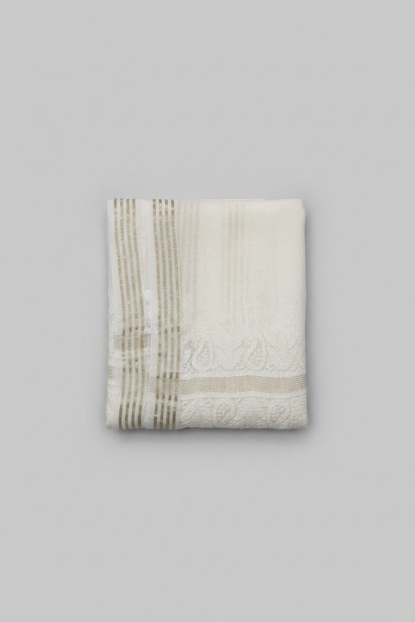 LUCKNOWI OFF WHITE CHANDERI COTTON DUPATTA WITH ZARI BORDER