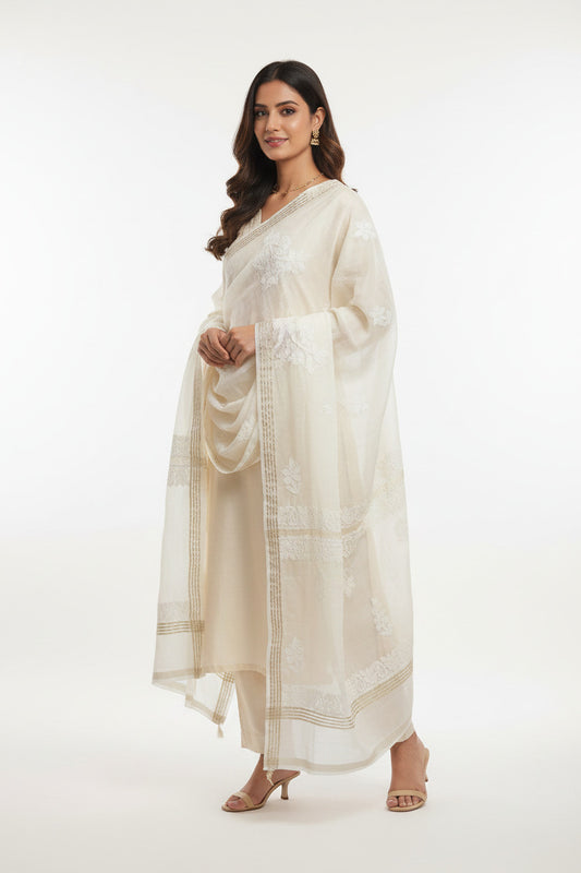 LUCKNOWI OFF WHITE CHANDERI COTTON DUPATTA WITH ZARI BORDER