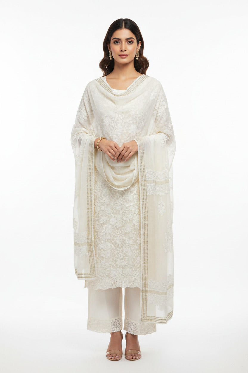 LUCKNOWI OFF WHITE CHANDERI COTTON DUPATTA WITH ZARI BORDER