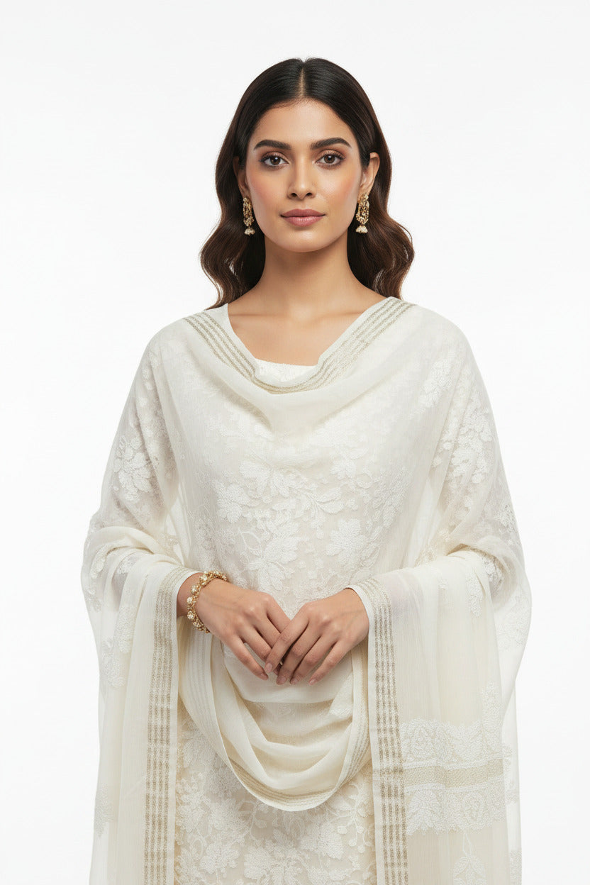 LUCKNOWI OFF WHITE CHANDERI COTTON DUPATTA WITH ZARI BORDER