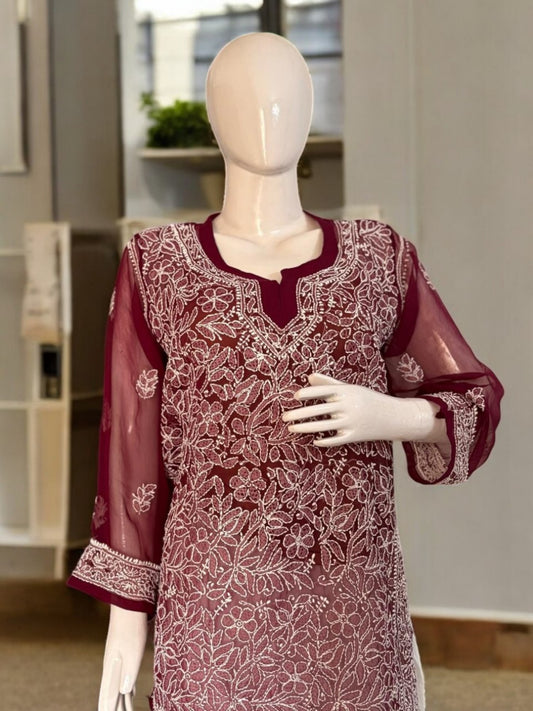 WINE COLOR GEORGETTE SHORT CHIKANKARI KURTI