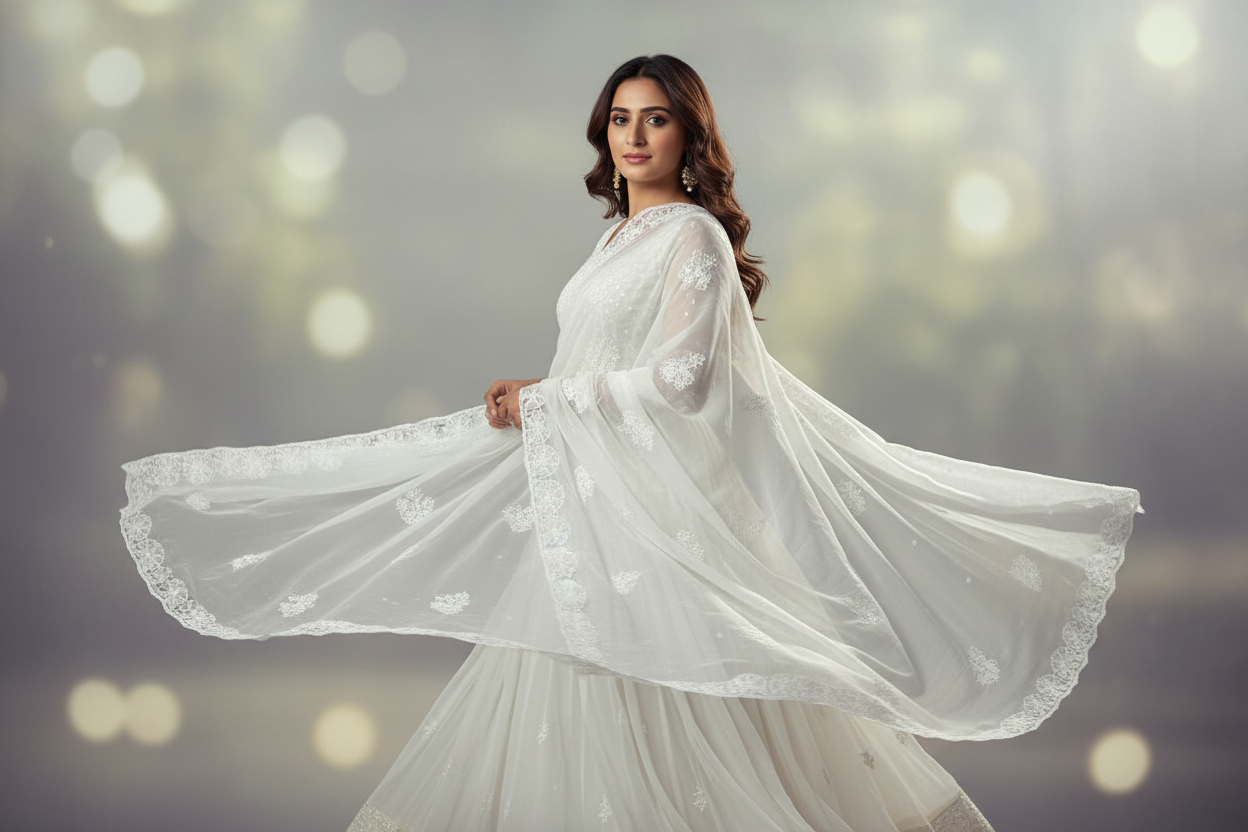 LUCKNOWI WHITE CHIKANKARI SHADOW WORK DUPATTA