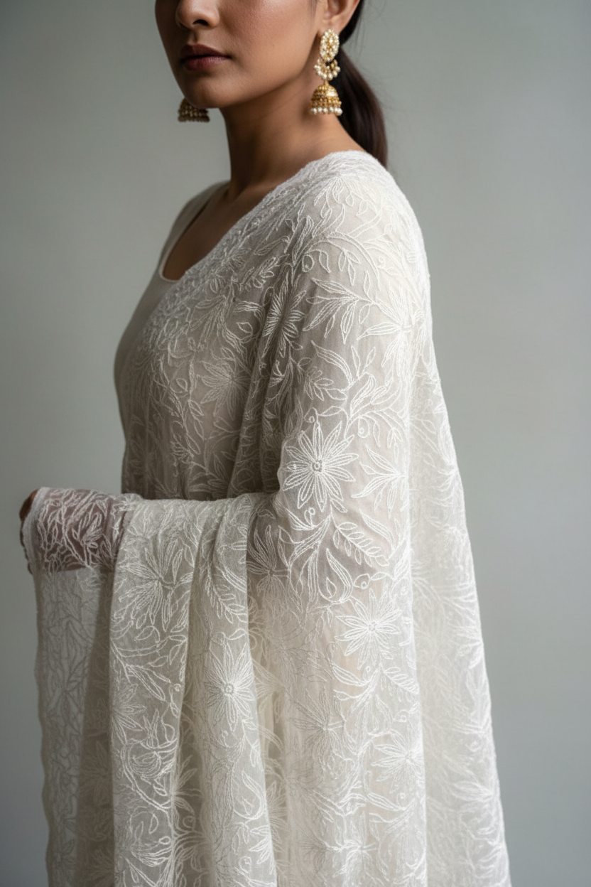 LUCKNAWI CHIKANKARI TEPCHI WORK CHIFFON DUPATTA