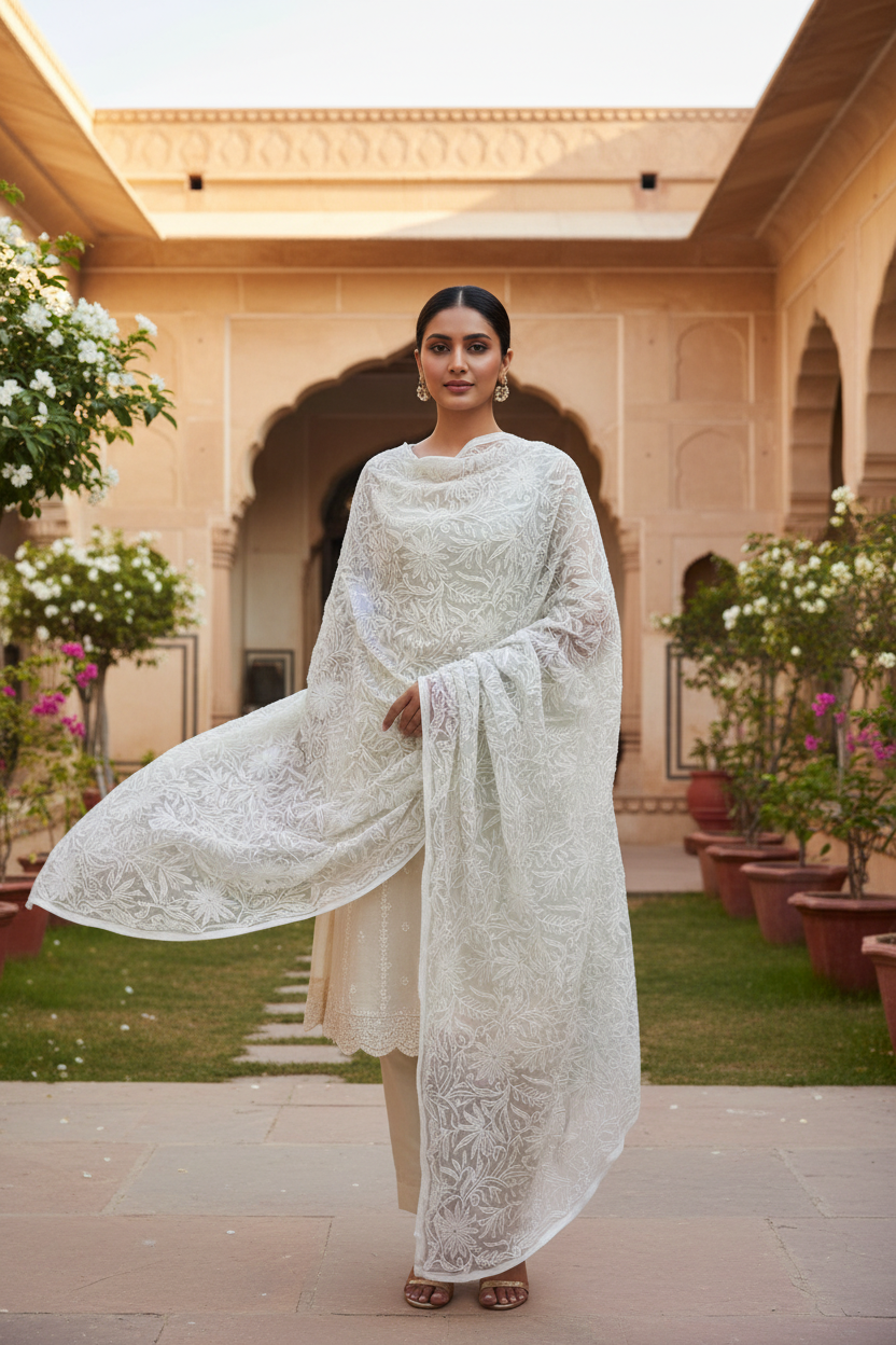 LUCKNAWI CHIKANKARI TEPCHI WORK CHIFFON DUPATTA