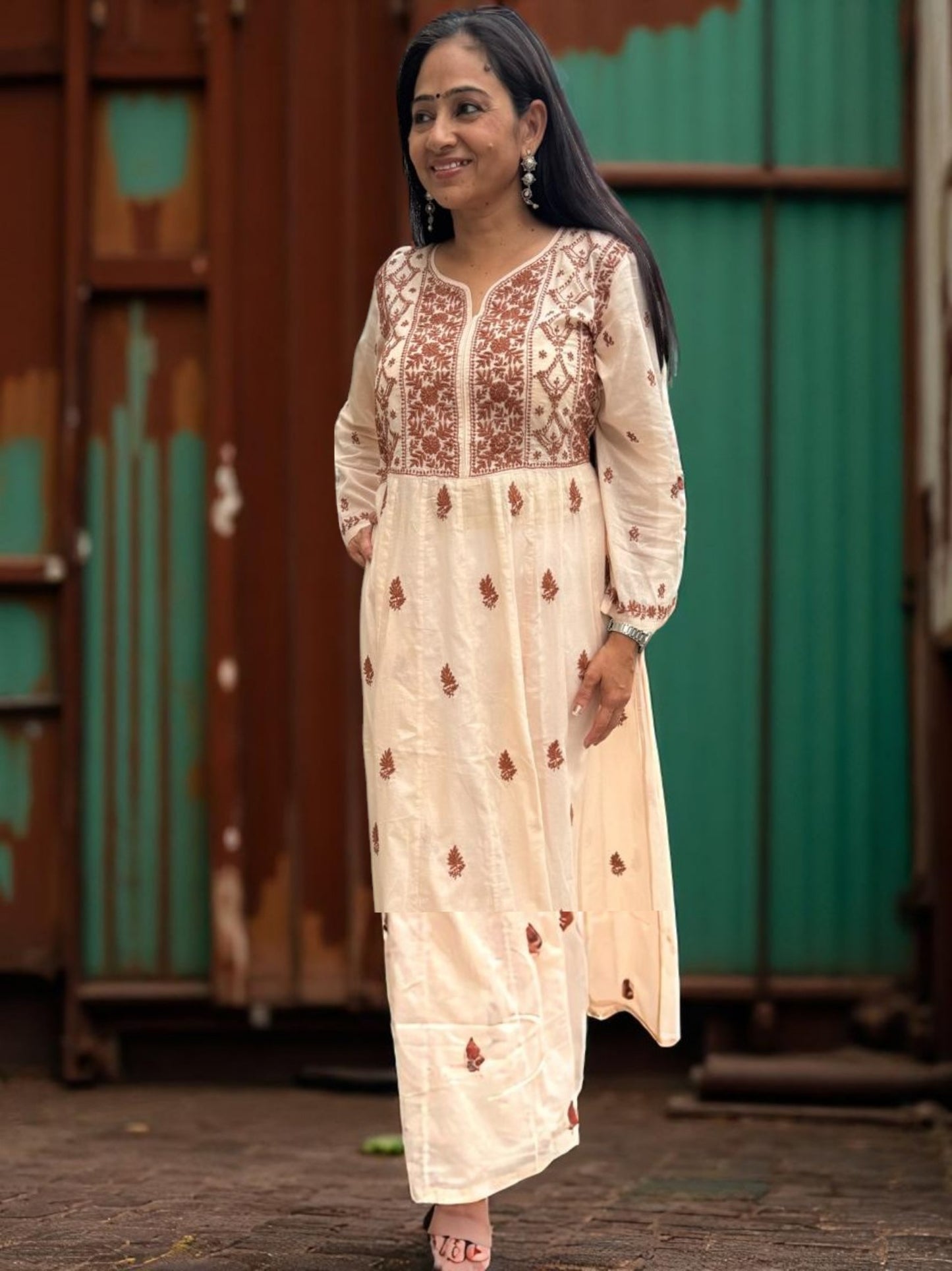 PREMIUM CHANDERI COTTON ANARKALI NOORI -COFFEE CREAM