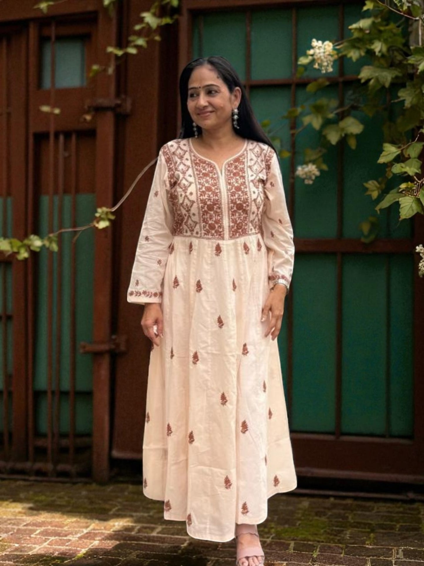PREMIUM CHANDERI COTTON ANARKALI NOORI -COFFEE CREAM