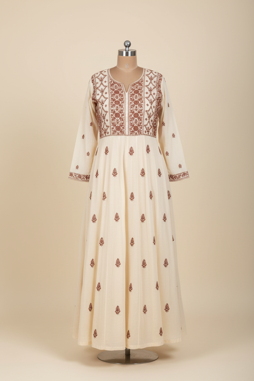 PREMIUM CHANDERI COTTON ANARKALI NOORI -COFFEE CREAM
