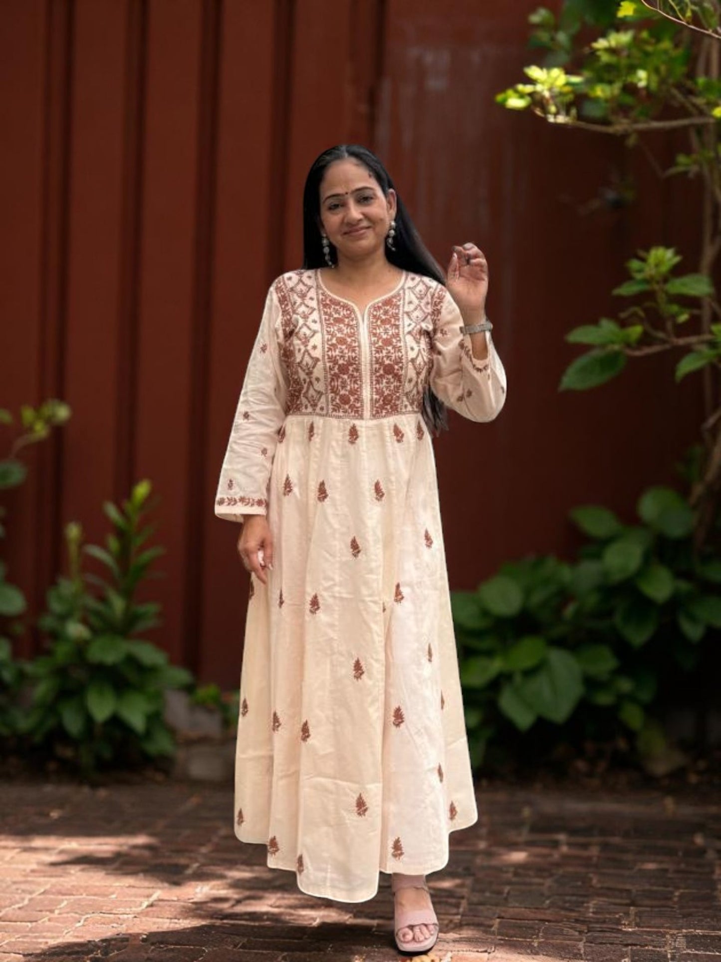 PREMIUM CHANDERI COTTON ANARKALI NOORI -COFFEE CREAM