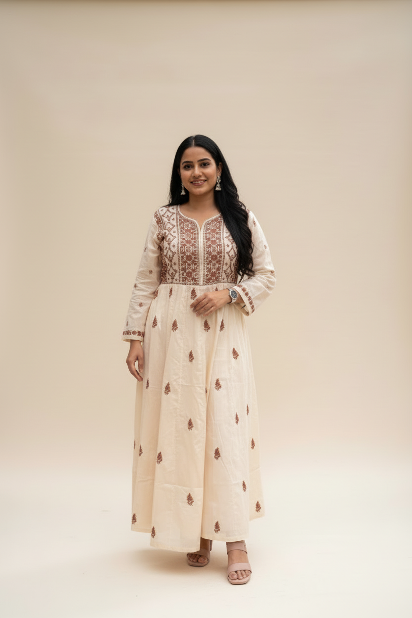 PREMIUM CHANDERI COTTON ANARKALI NOORI -COFFEE CREAM