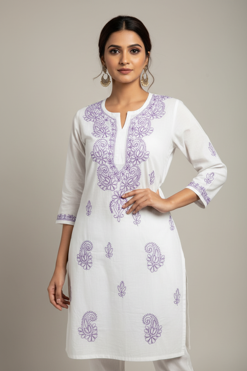 NOOR SHORT CHIKANKARI KURTI TURQUOISE ON WHITE S-40