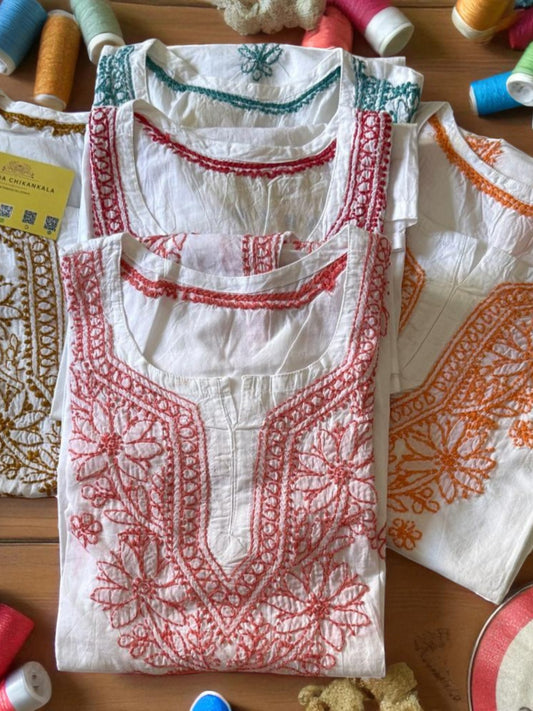 SHORT CHIKANKARI KURTI TURQUOISE ON WHITE S-40