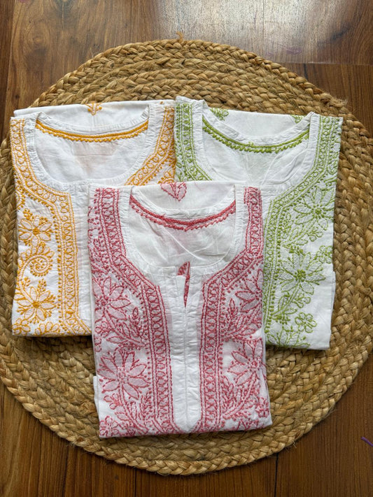 SHORT CHIKANKARI KURTI -YELLOW ON WHITE S-44