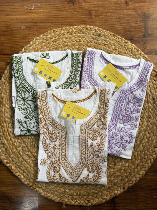 SHORT CHIKANKARI KURTI - PURPLE ON WHITE S-36