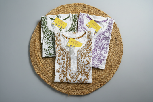 NOOR SHORT CHIKANKARI KURTI - PURPLE ON WHITE S-36