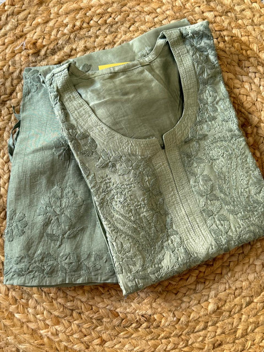 GREEN CHANDERI COTTON SUIT WITH CHIKANKARI 011