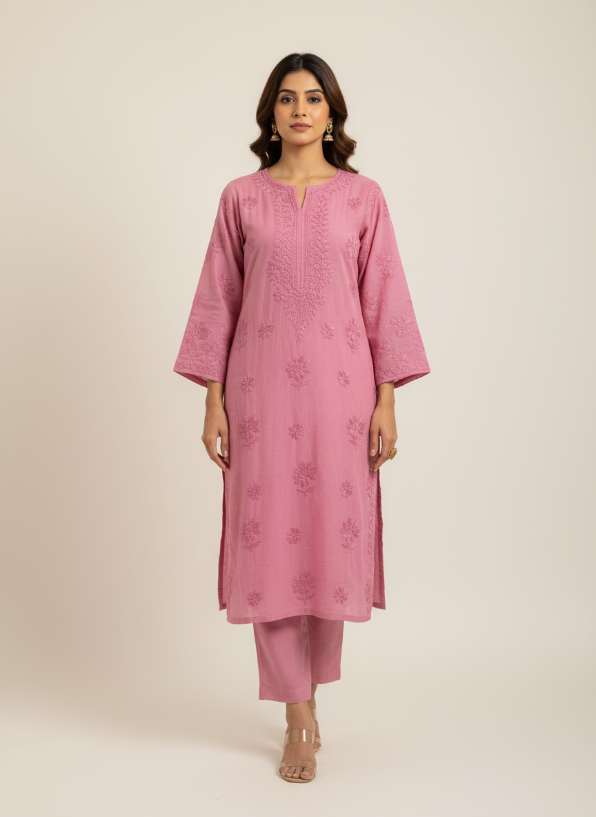 MAUVE PINK  CHANDERI COTTON SUIT WITH CHIKANKARI 011