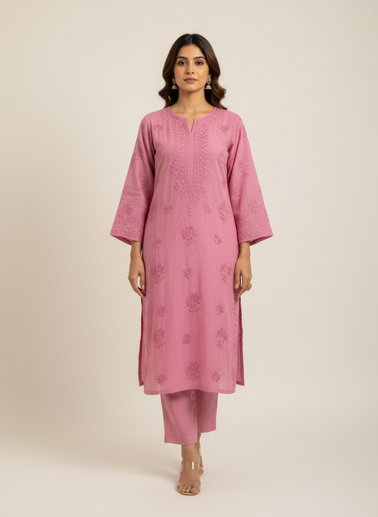 MAUVE PINK  CHANDERI COTTON SUIT WITH CHIKANKARI 011